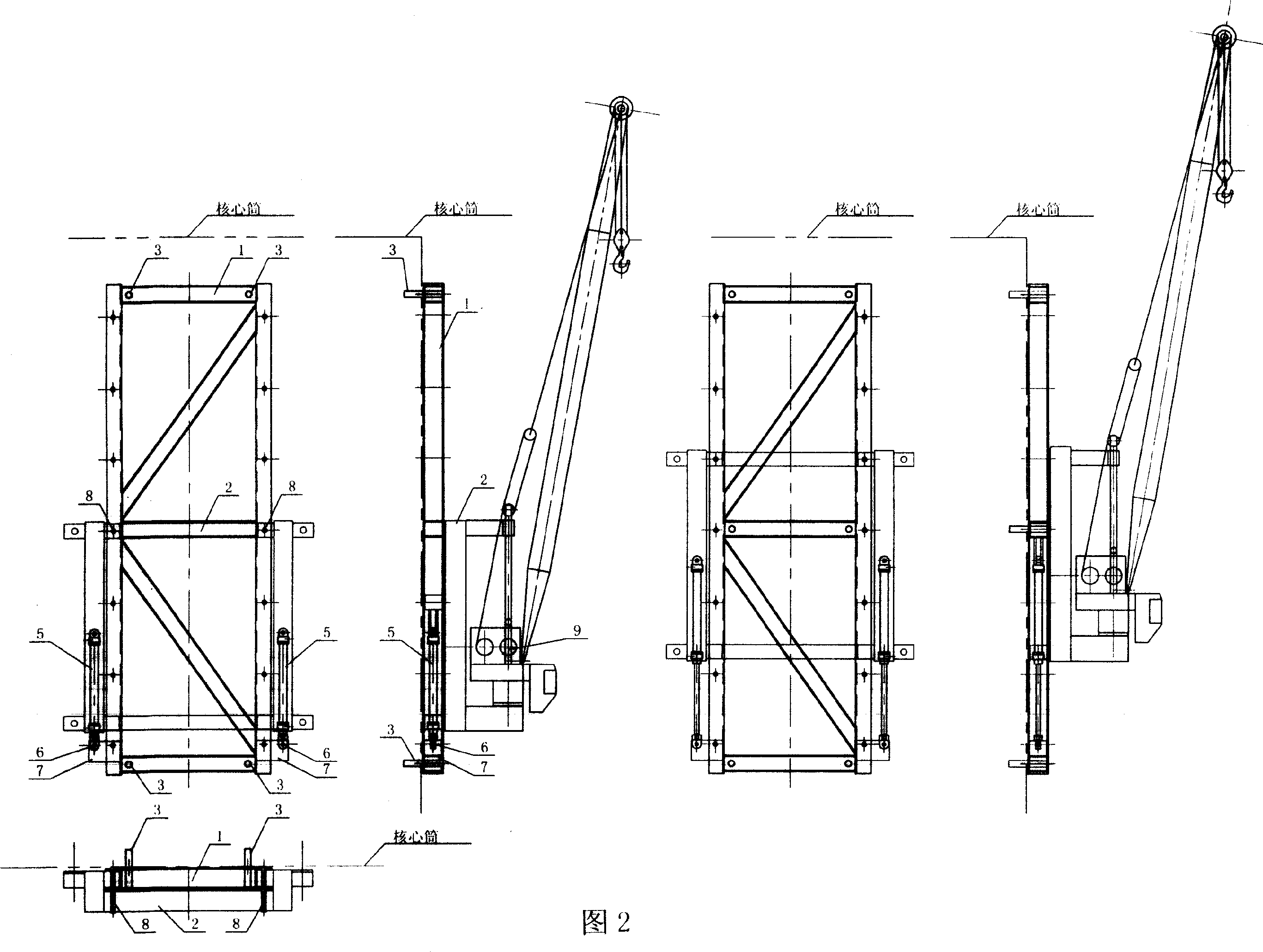 Self-lifting wall-attaching crane for superhigh-rise building construction with core drum