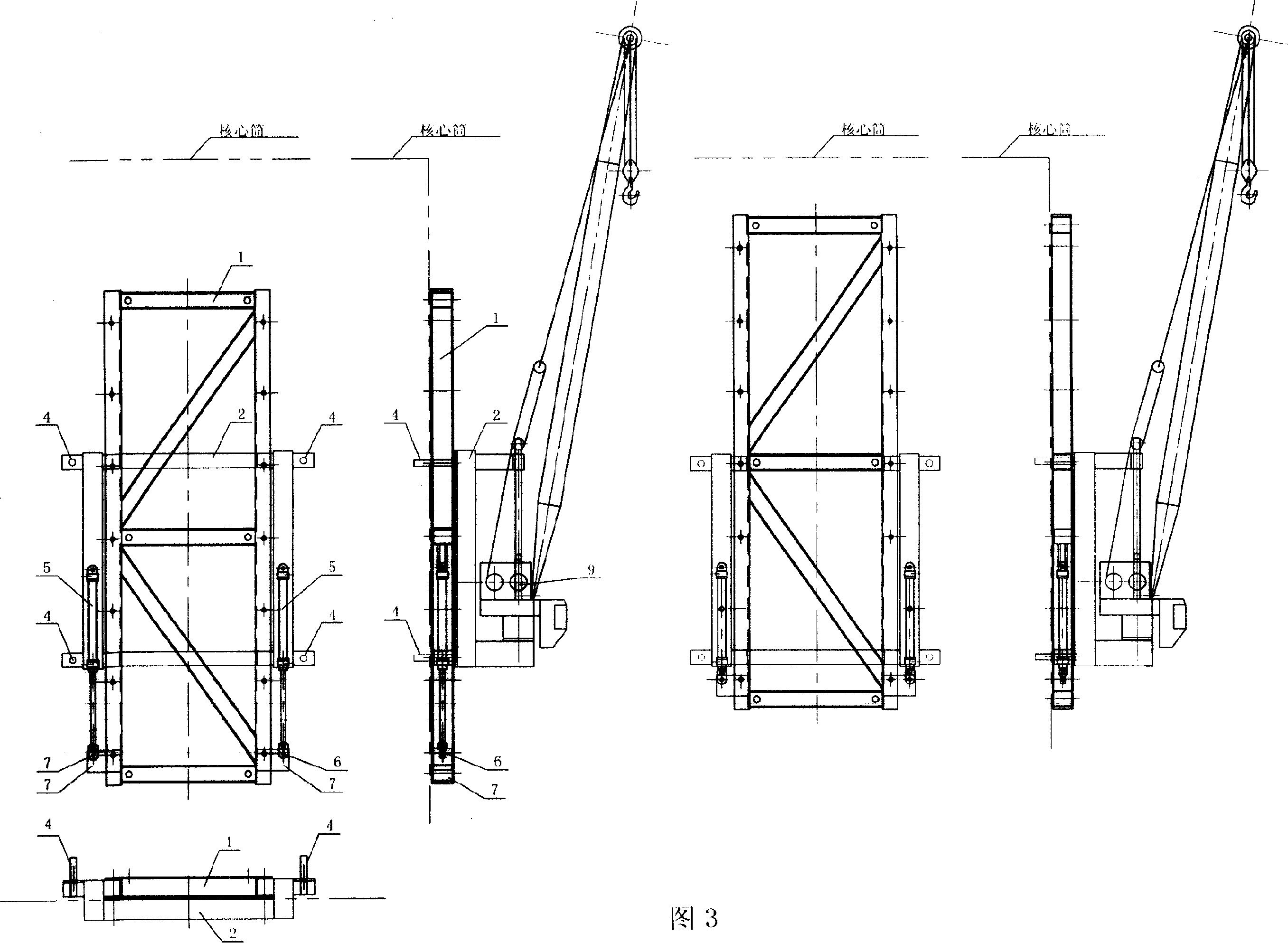 Self-lifting wall-attaching crane for superhigh-rise building construction with core drum