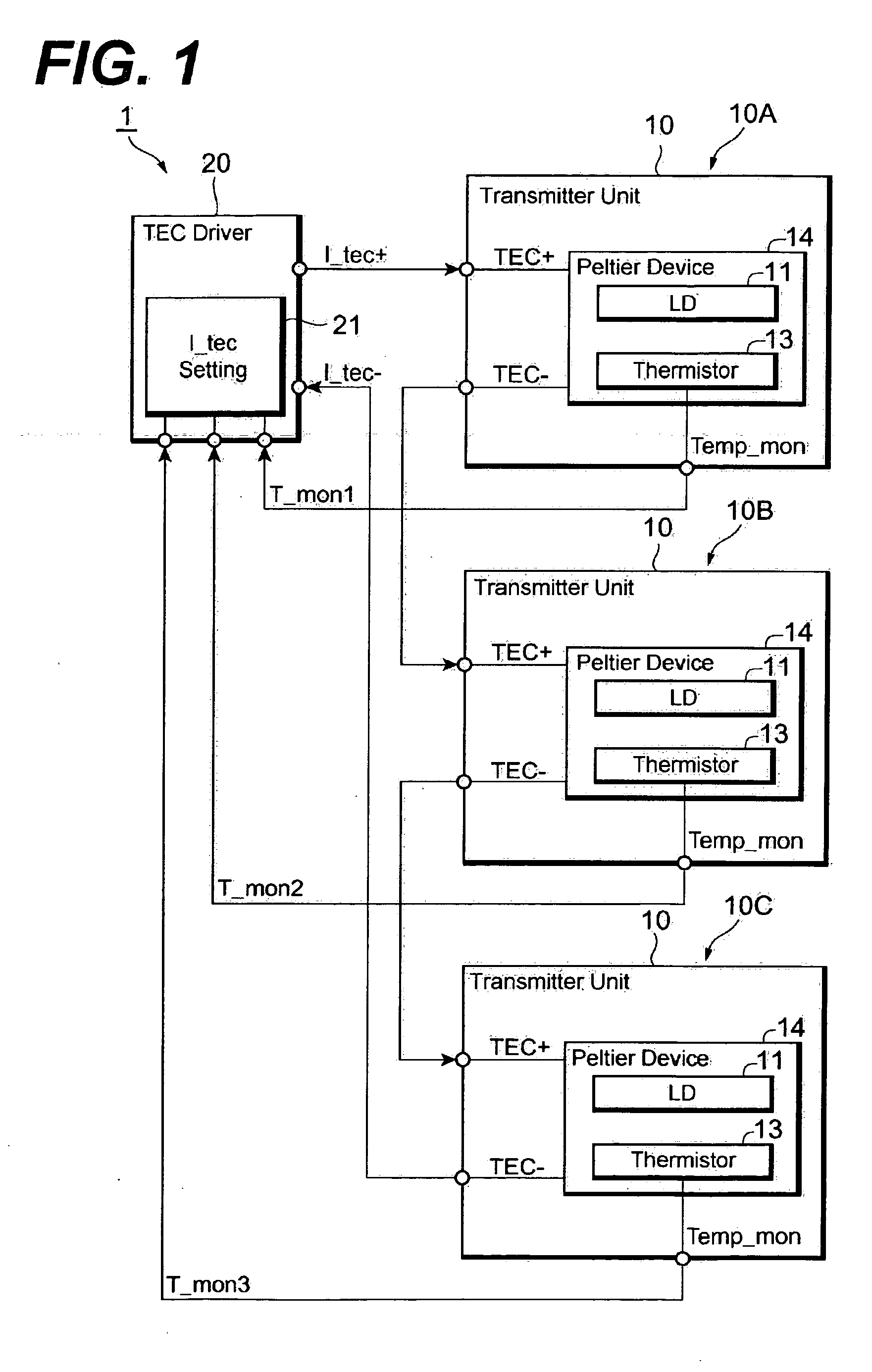 Optical transmitter providing a plurality of transmitter units each having a thermo-electric cooler connected in series to each other