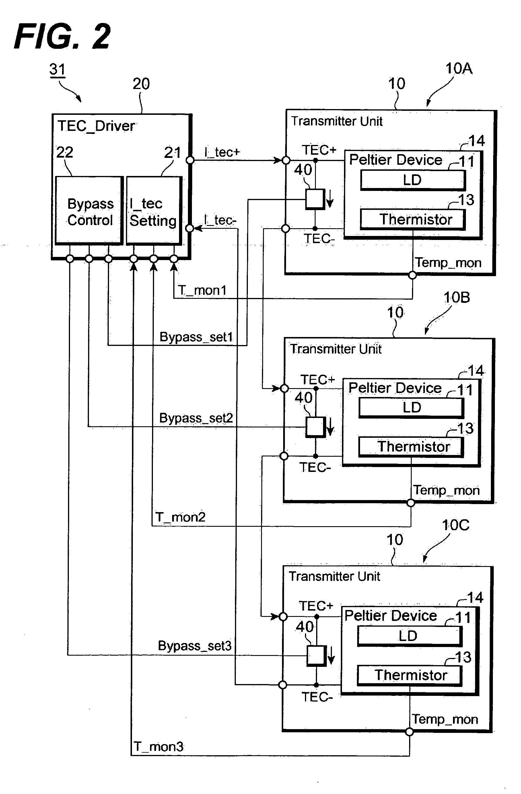 Optical transmitter providing a plurality of transmitter units each having a thermo-electric cooler connected in series to each other