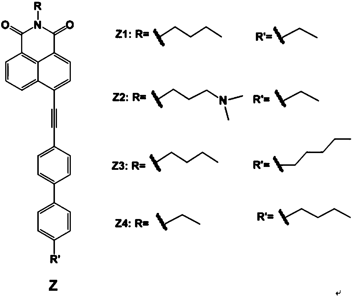 Liquid crystal compound containing 4-(biphenylethynyl)-1,8 naphthalimide, preparation method and application thereof