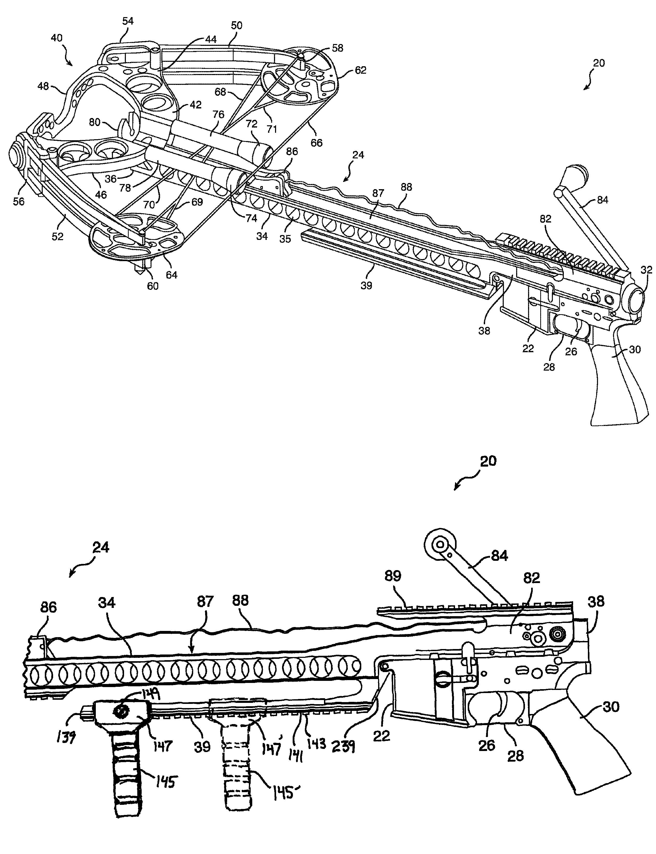 Crossbow stock having lower floating rail