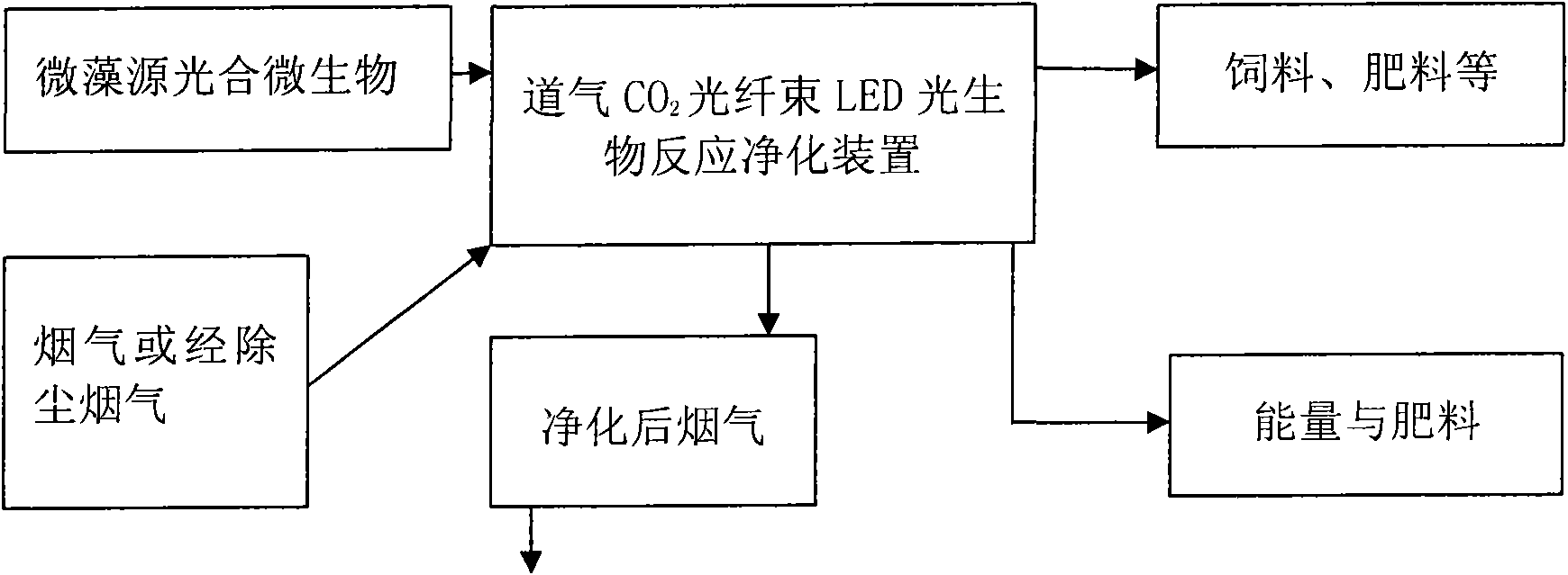 Device for purifying flue gas by utilizing microalgae source photosynthetic microorganisms and method thereof