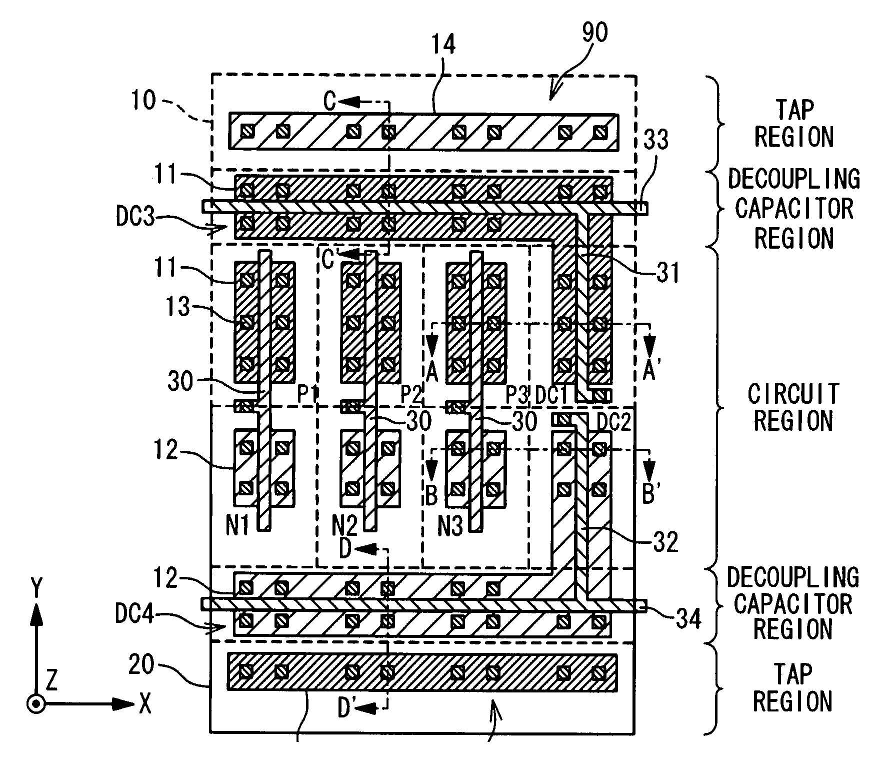 Integrated circuit incorporating decoupling capacitor under power and ground lines