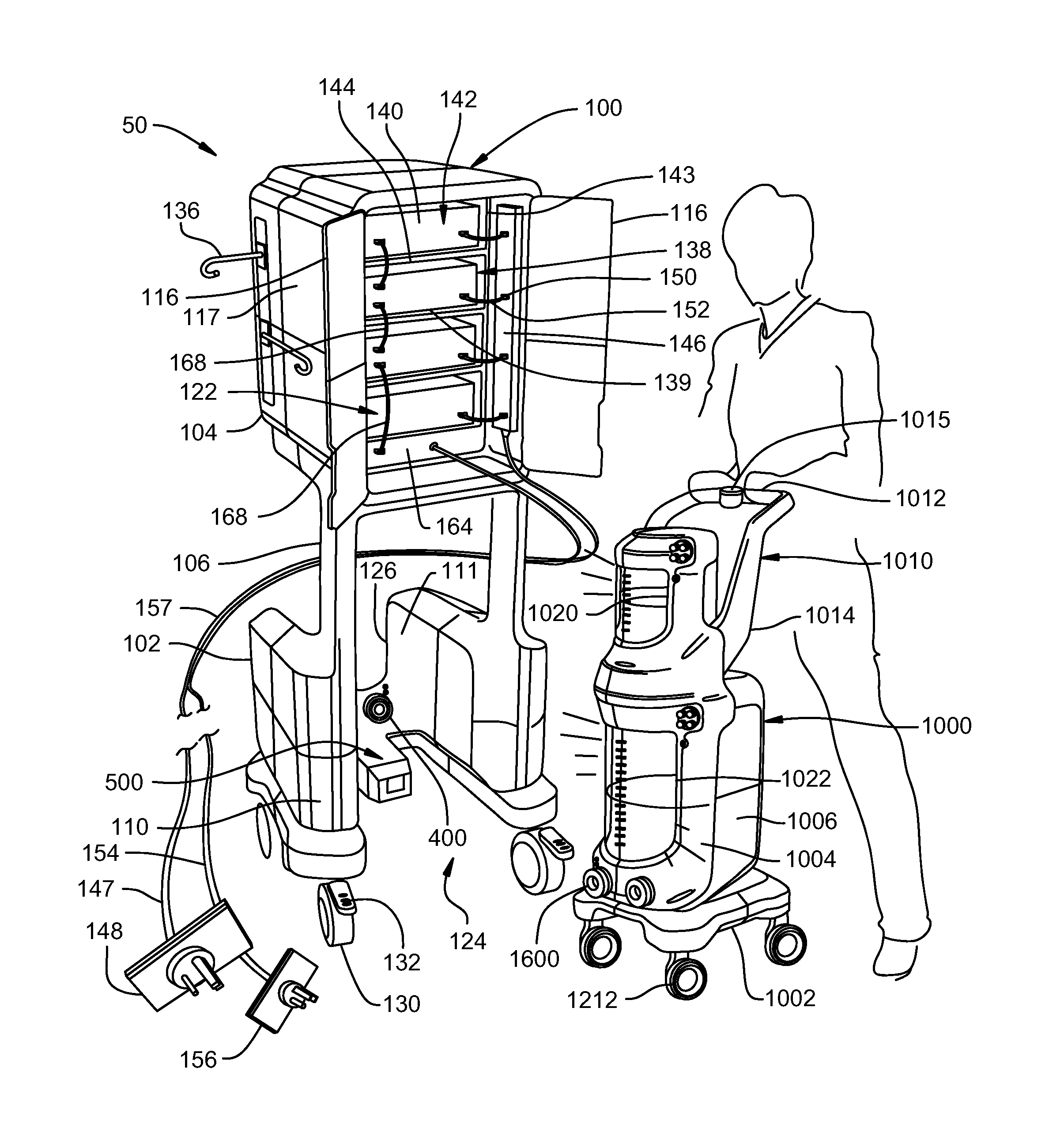 Mobile instrument assembly for use as part of a medical/surgical waste collection system, the assembly including a vacuum source to which a mobile waste collection cart can be releasably attached