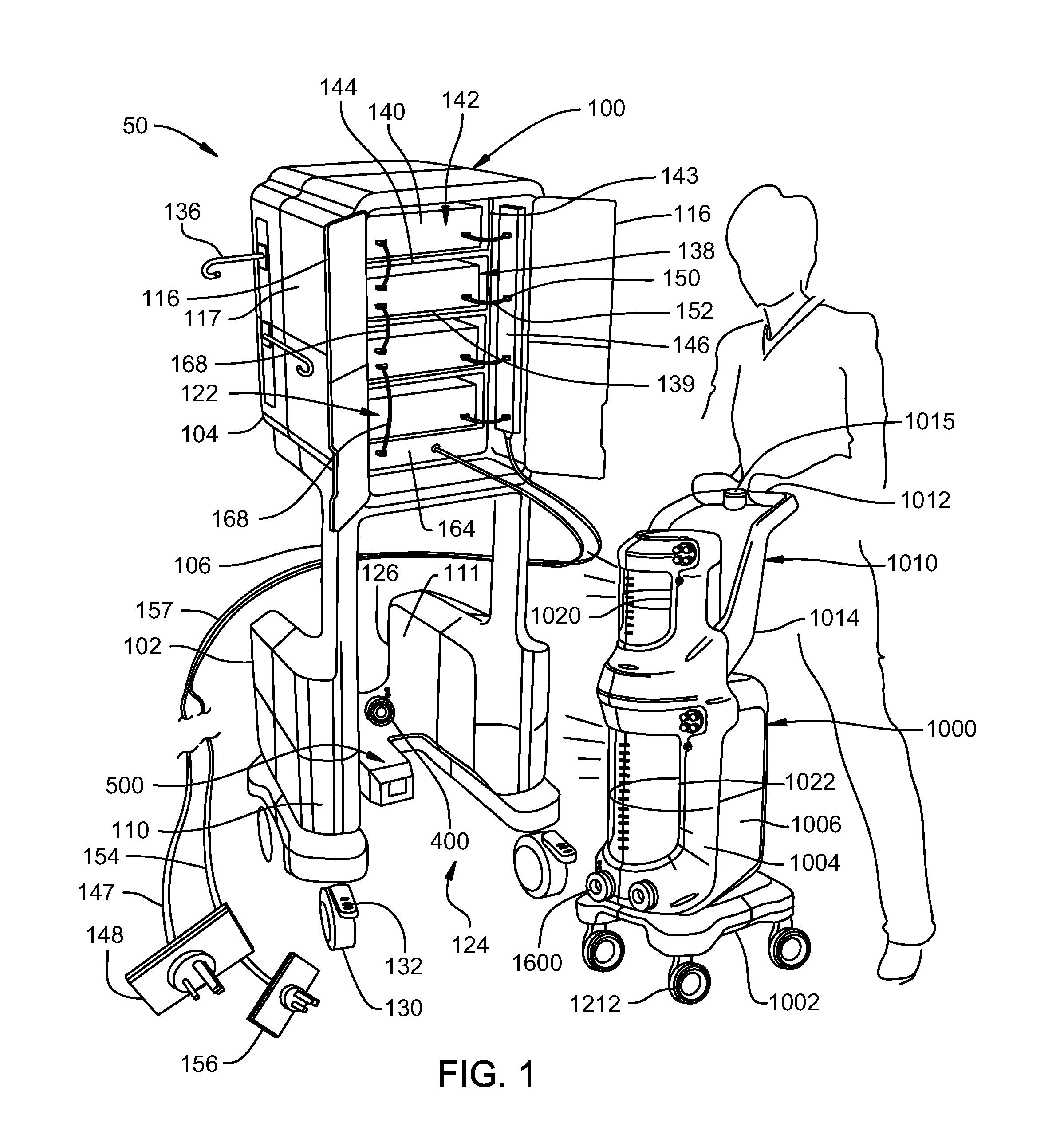 Mobile instrument assembly for use as part of a medical/surgical waste collection system, the assembly including a vacuum source to which a mobile waste collection cart can be releasably attached