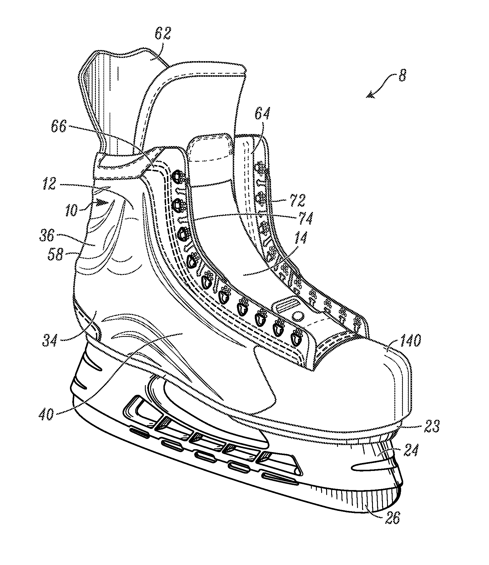 Skate boot having a toe cap with rear extensions