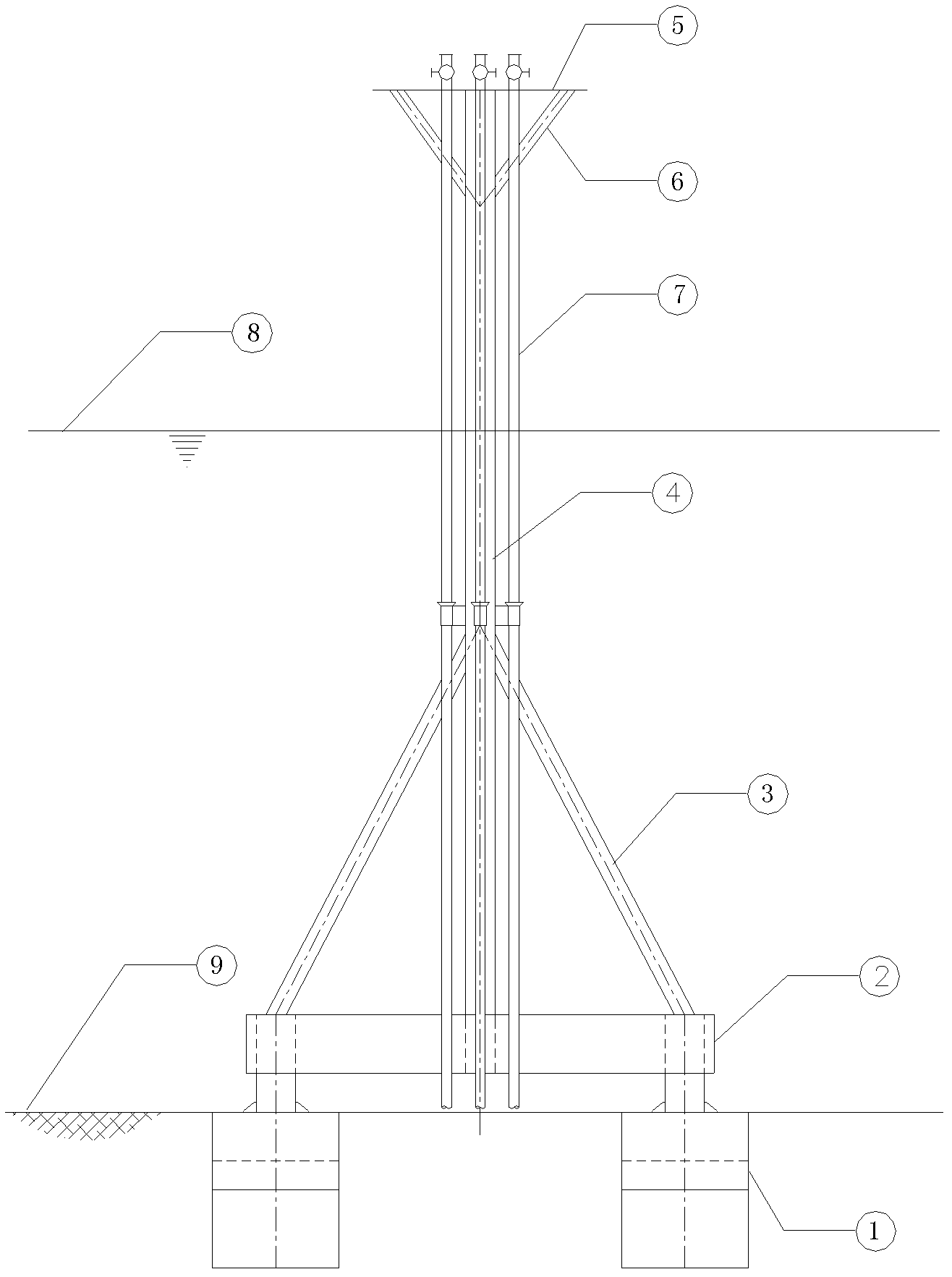 Novel self-installing four-cylindrical-foundation two-upright wellhead platform