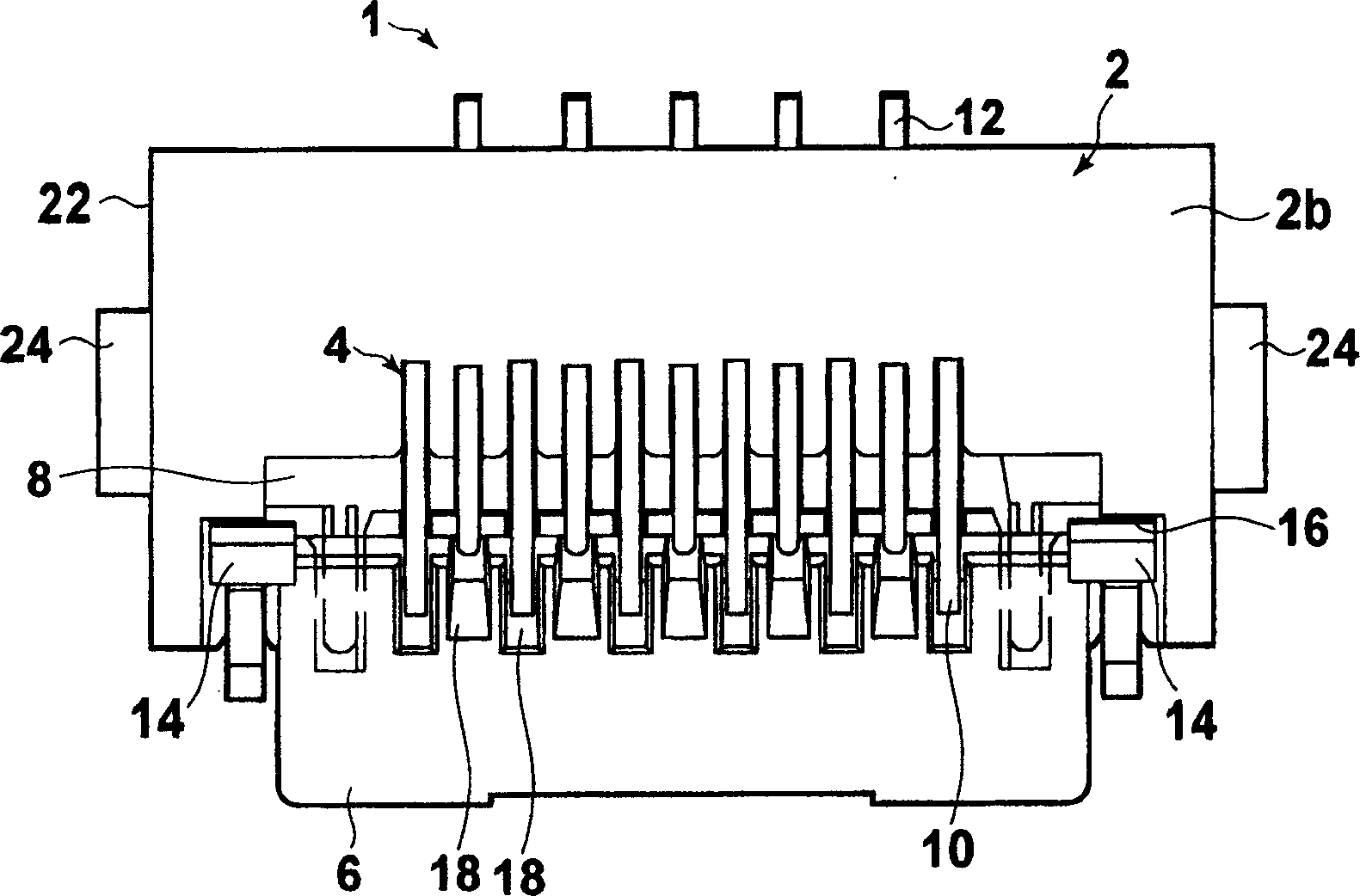 An electrical connector and a shield member for flat cables.