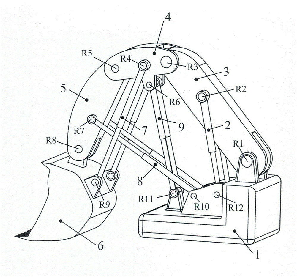 Motion redundancy face shovel excavating mechanism containing lengthened arm