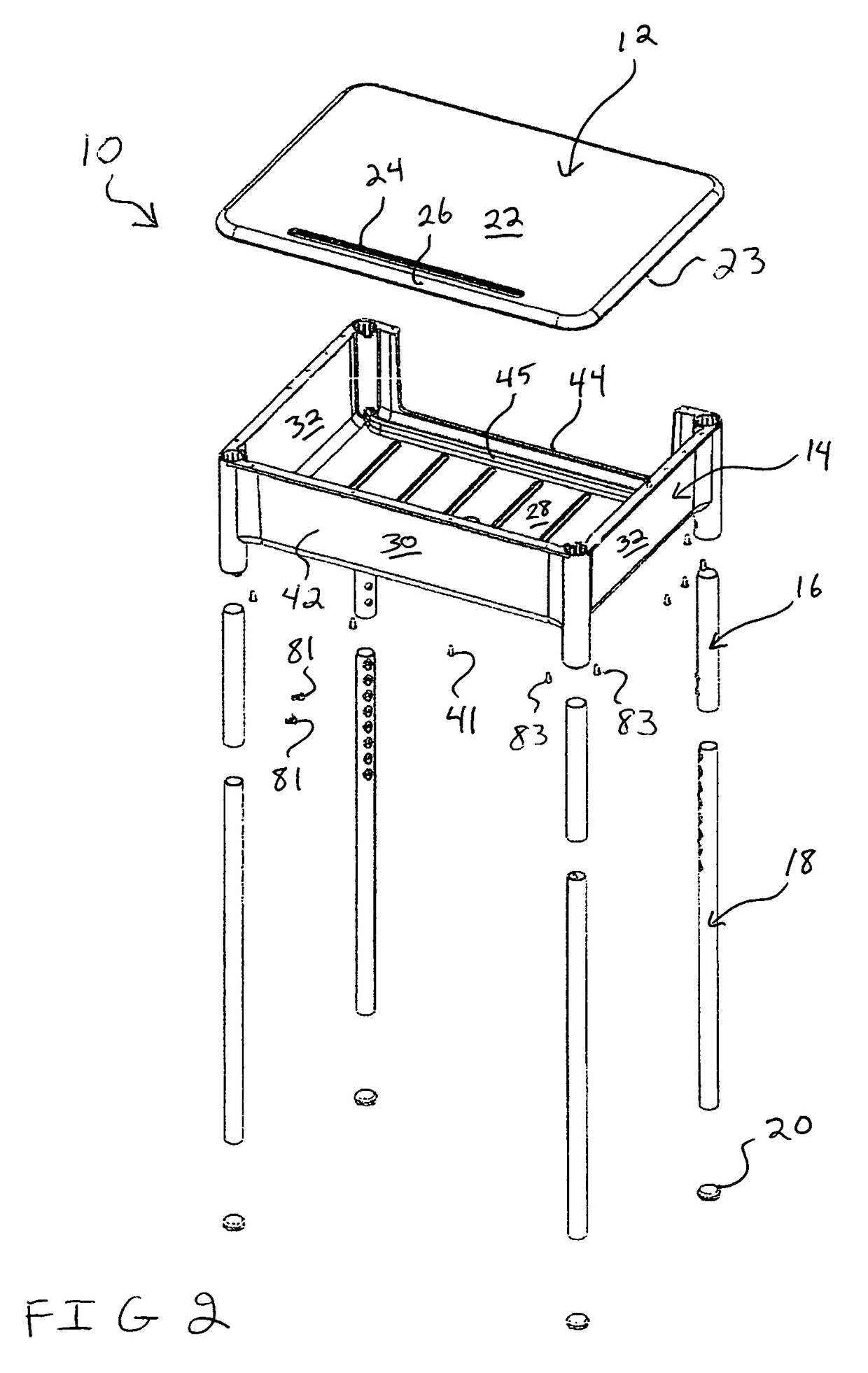 Height adjustable desk configured for stacking with legs detached