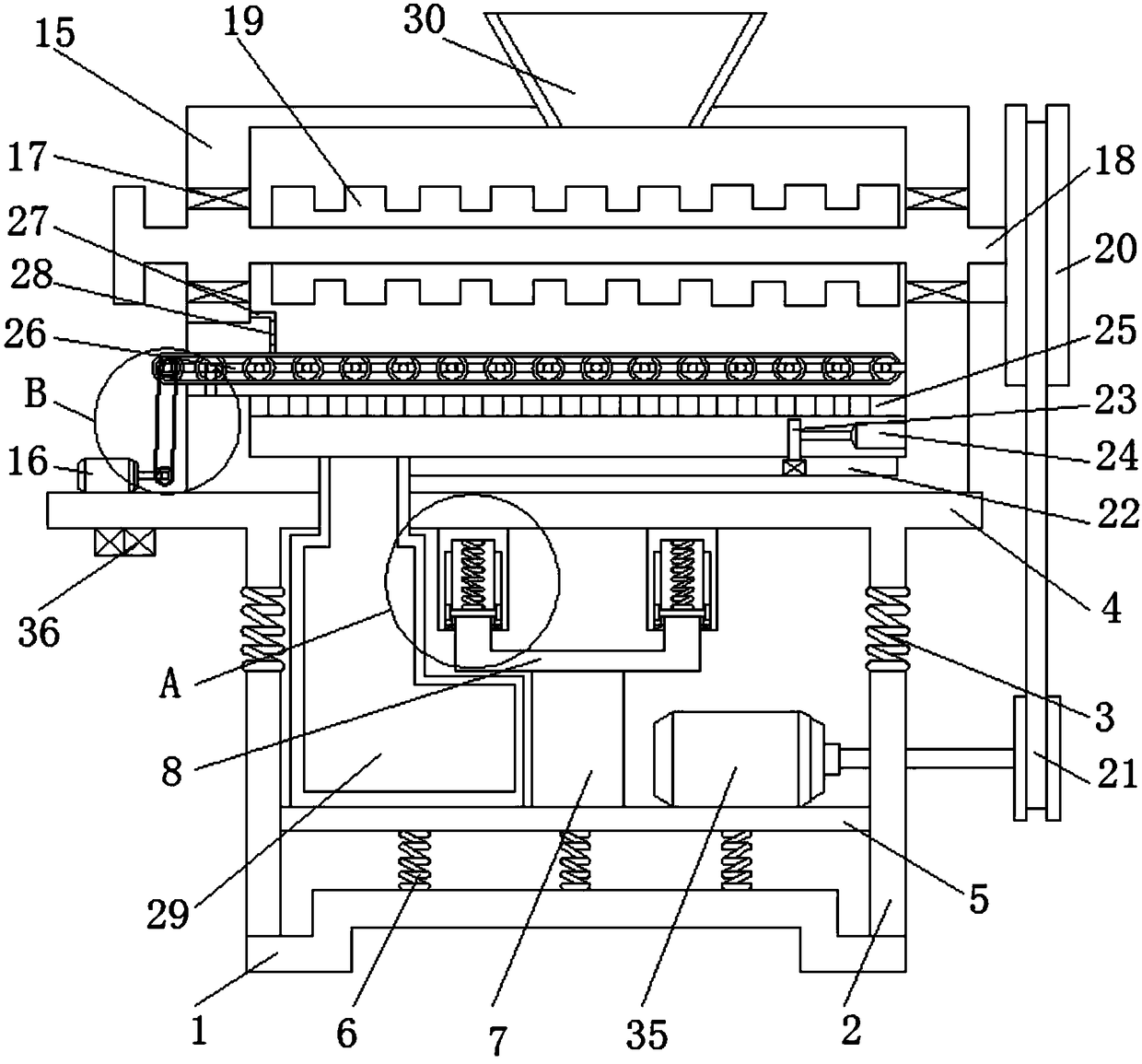 Damping type material blockage prevention corn thresher