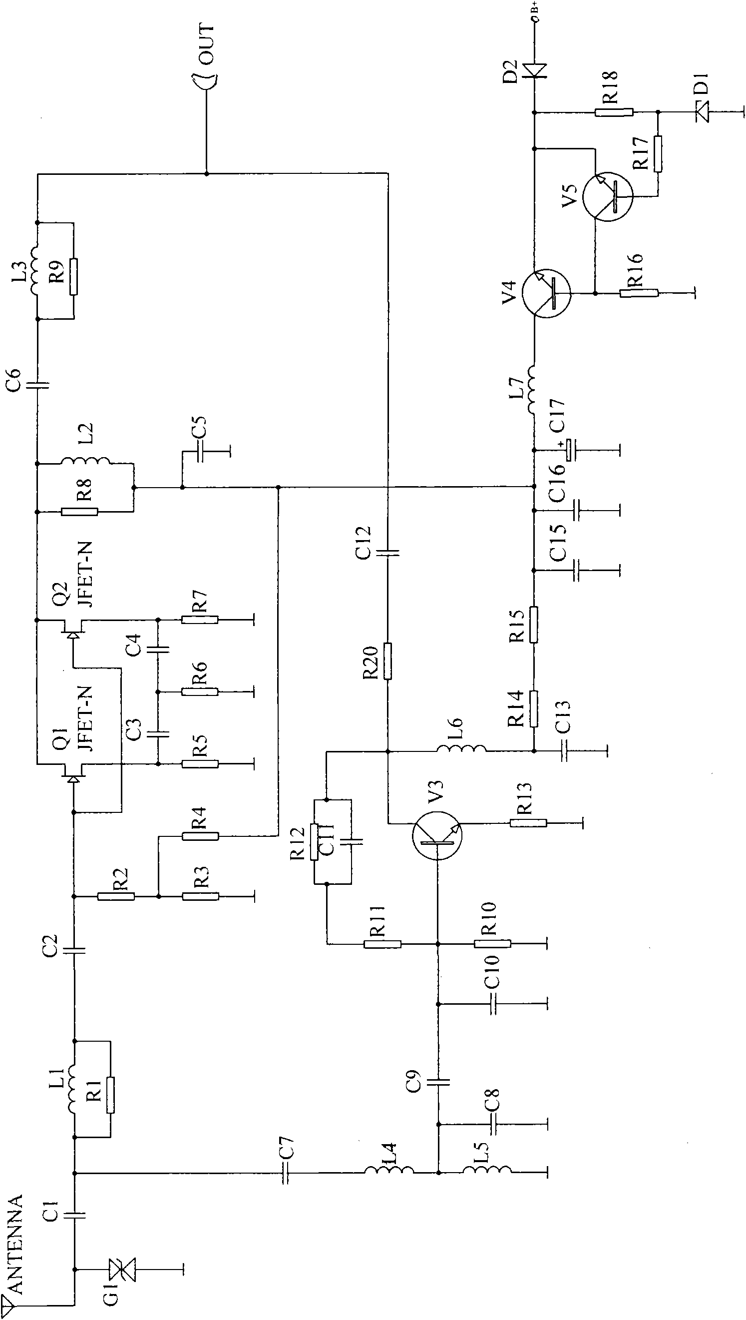 Amplifier system of front screen printed antenna for automobiles