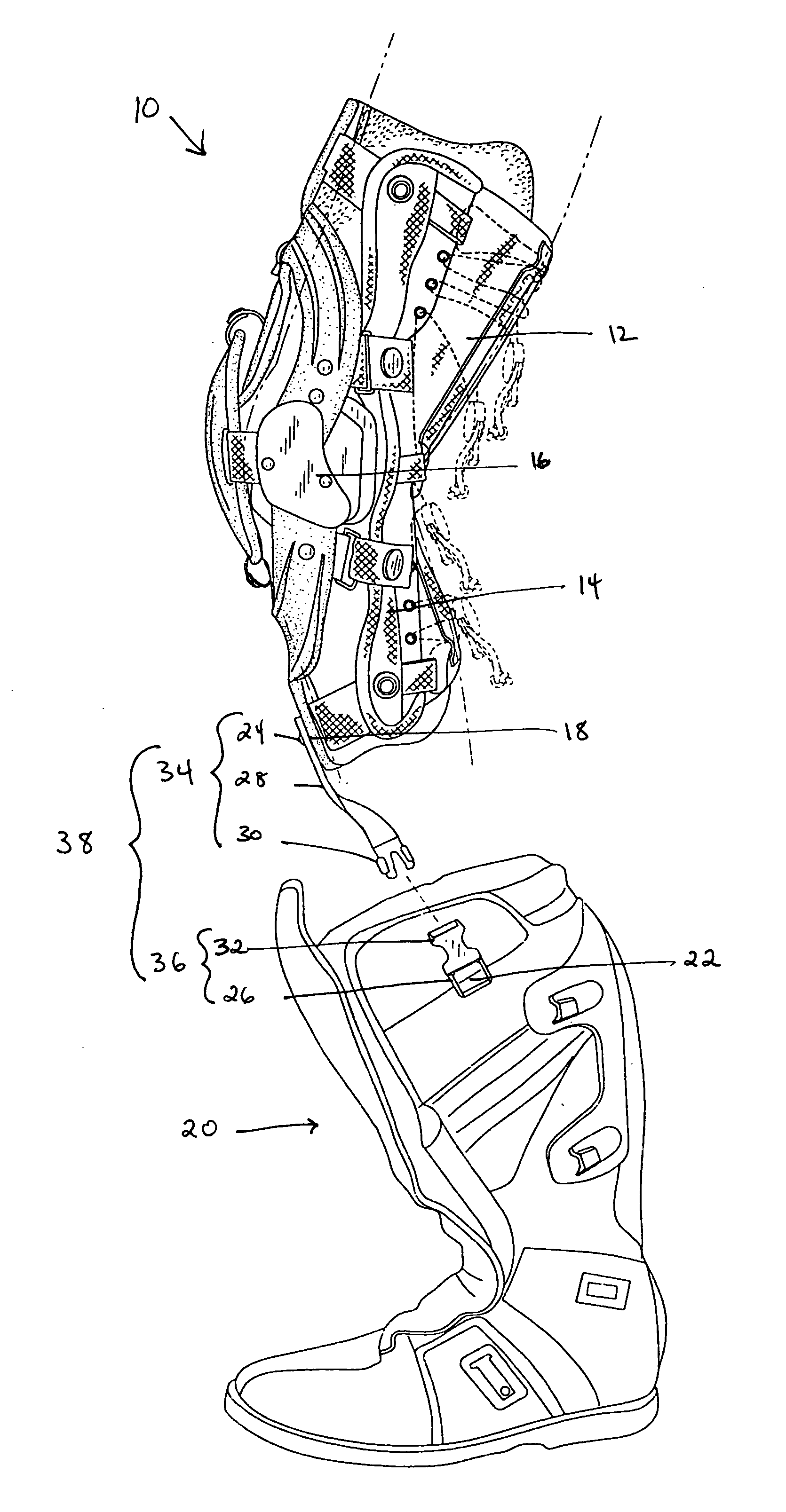 Flexible tether member connecting a knee brace to a boot