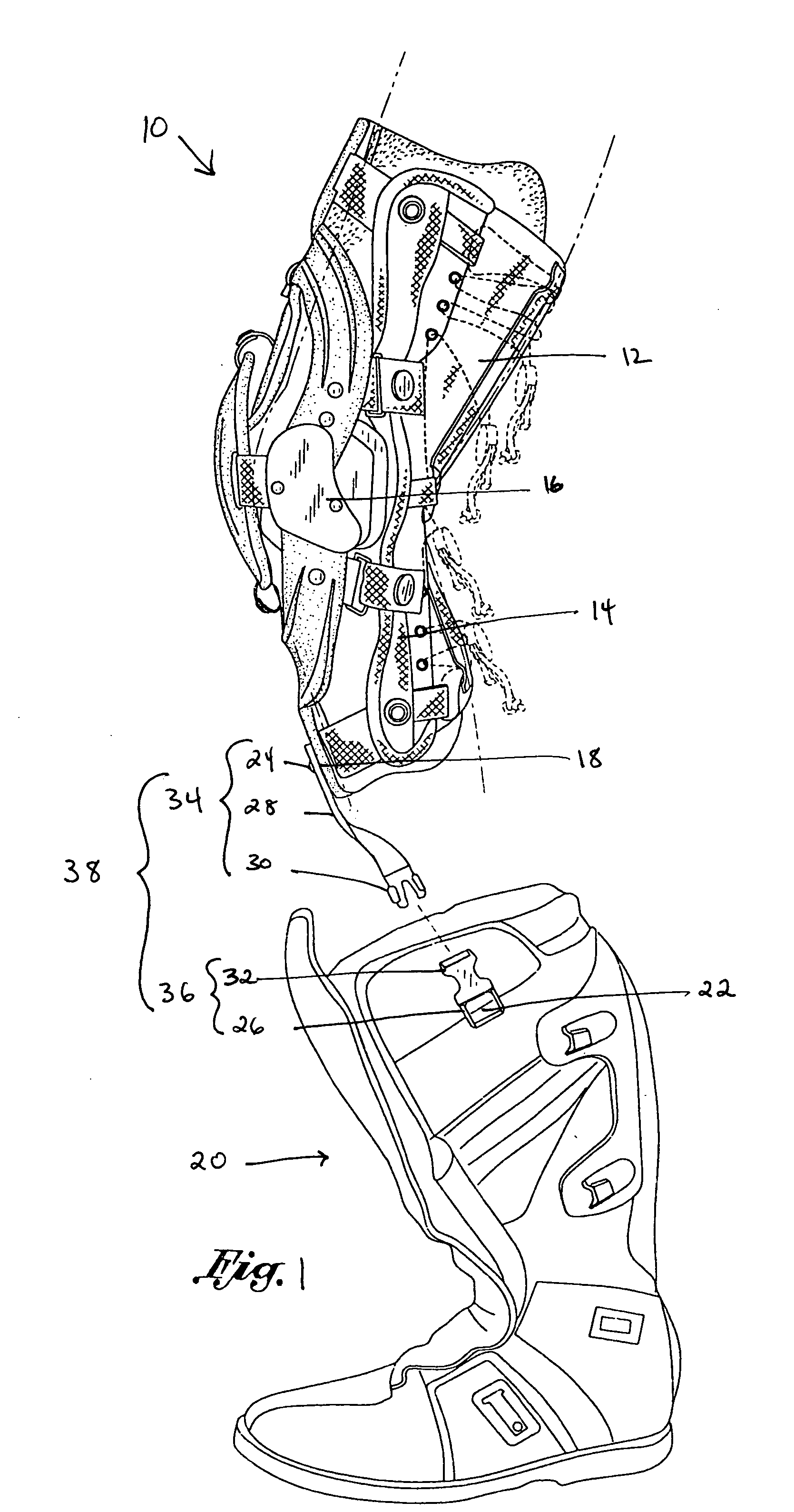 Flexible tether member connecting a knee brace to a boot