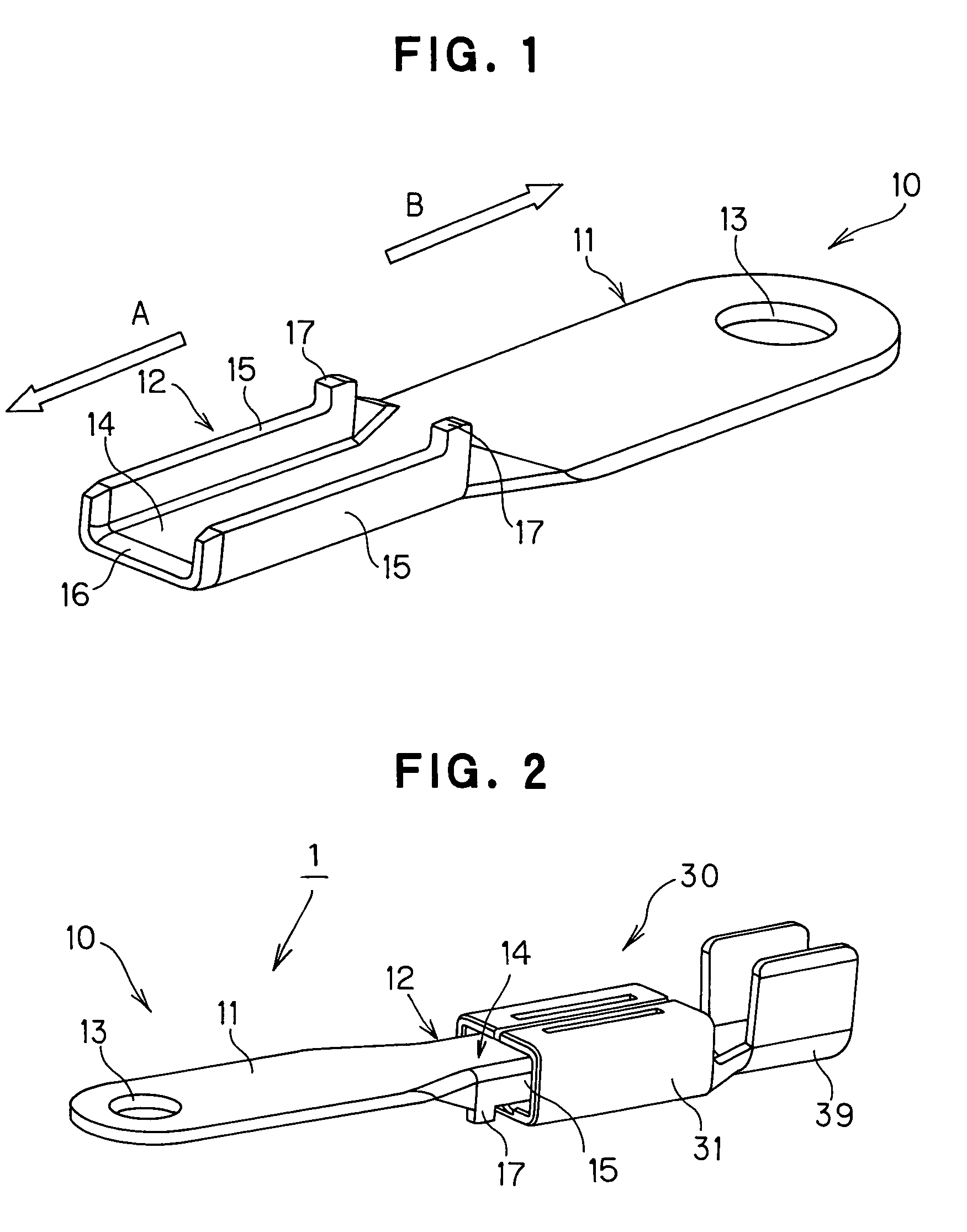 Connector structure with a u-shaped cross section having a male terminal and a female terminal