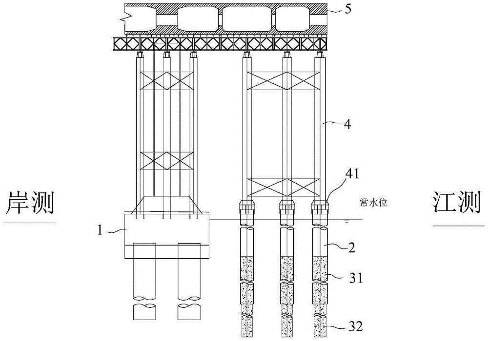 Construction method of steel-concrete composite pile in water for cast-in-place support of concrete ballasted box girder of cable-stayed bridge