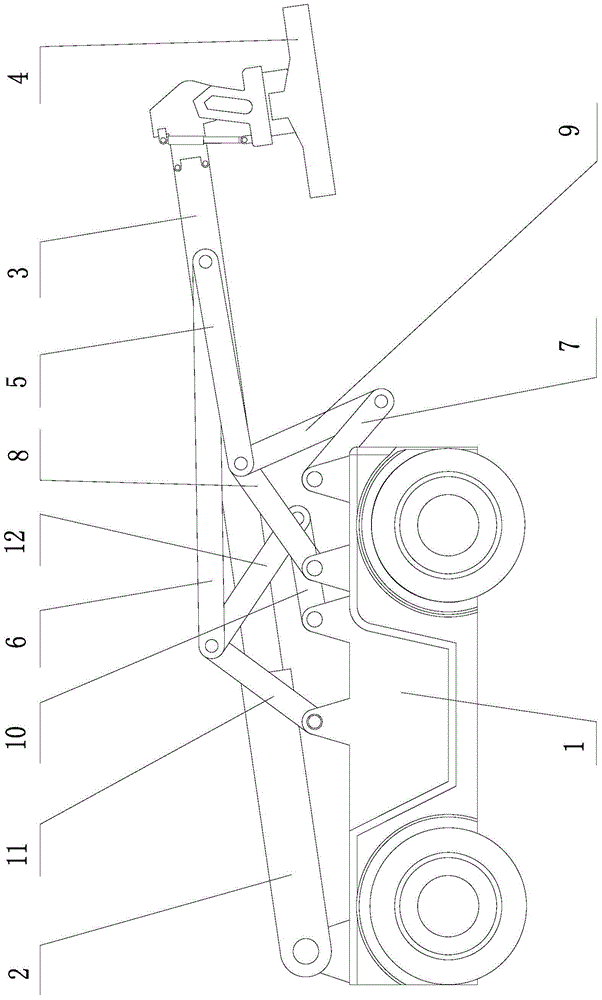 Plane two-degree-of-freedom eleven-rod double closed-loop sub-chain type container front-handling mobile crane