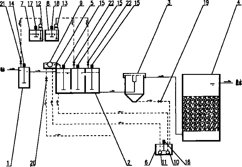 Magnetic co-sedimentation biological filtering tank process and device