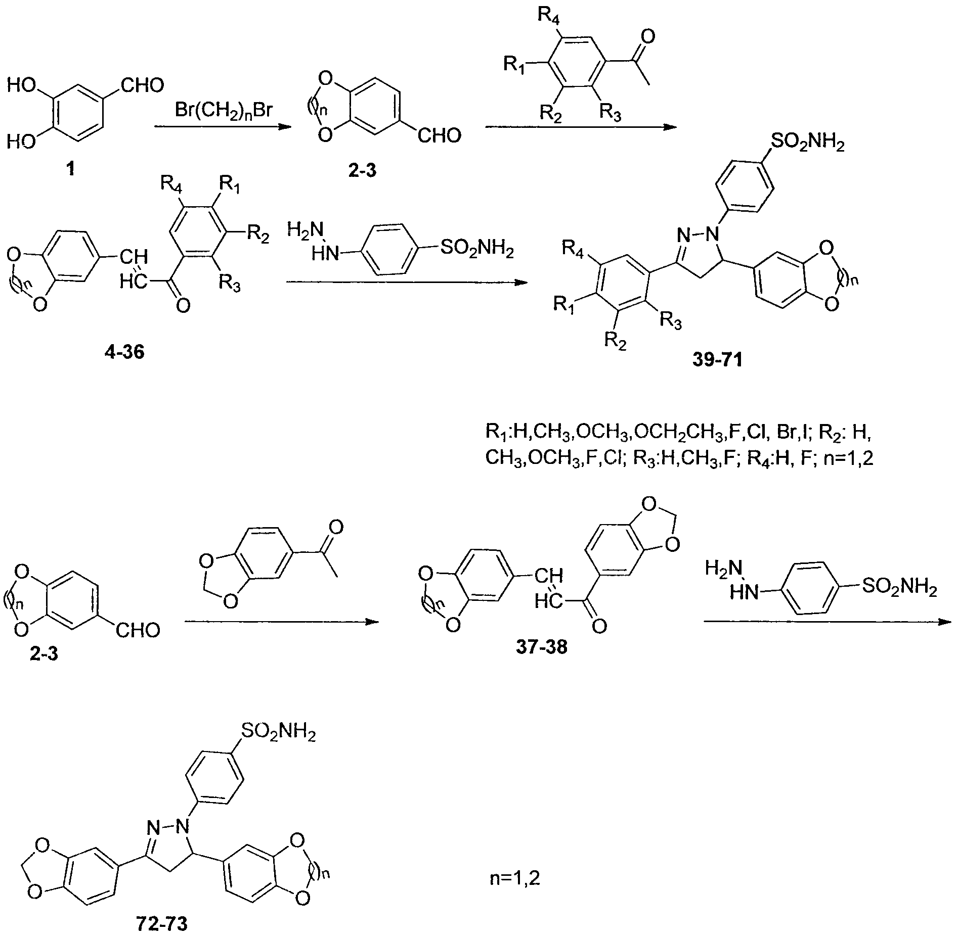 Synthesis of dihydropyrazol sulfonamide derivatives containing benzodioxane skeletons and application of dihydropyrazol sulfonamide derivatives in anti-cancer drugs