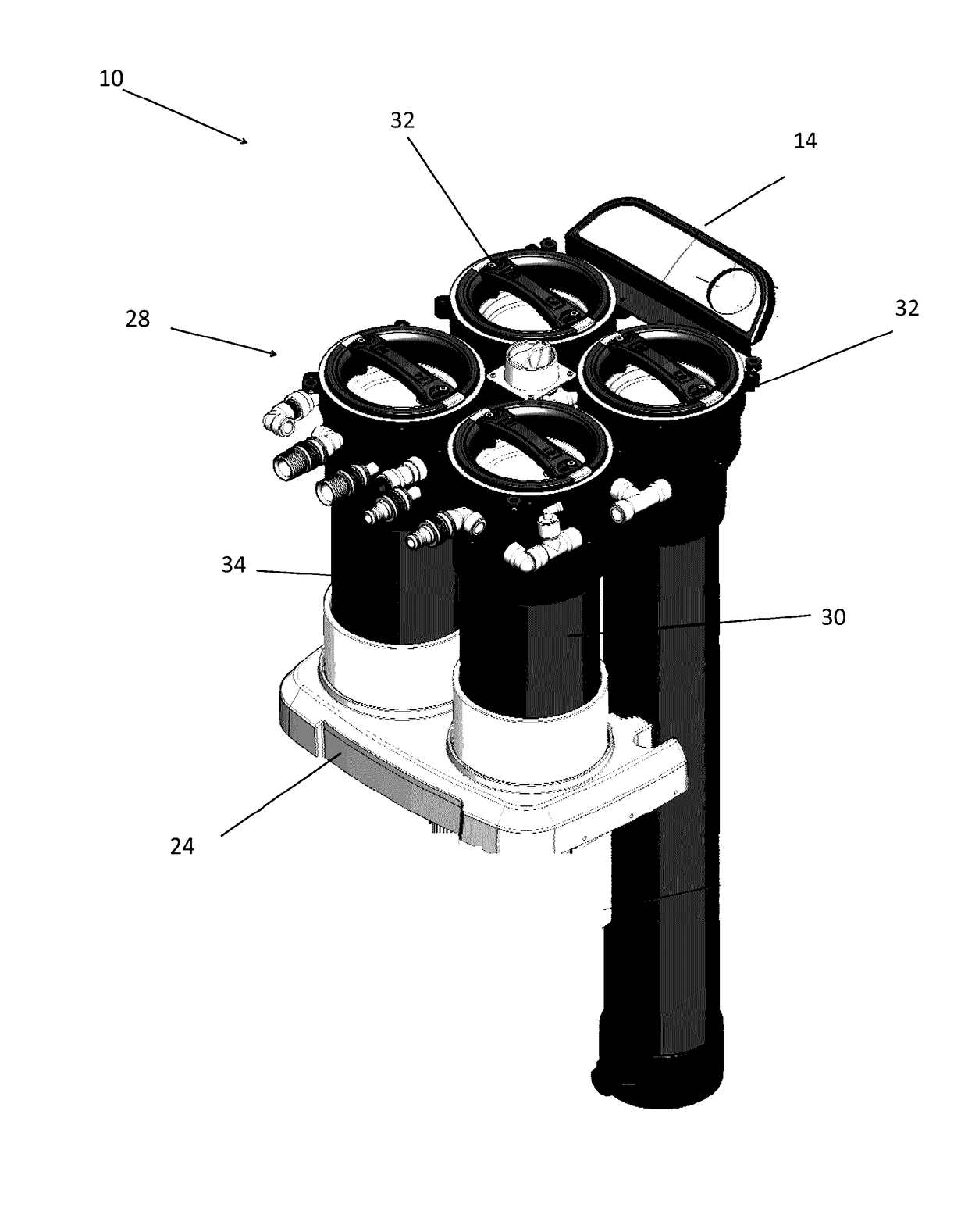 Fluid conditioning systems having caps with filter cartridge sealing and removal devices and/or locking devices