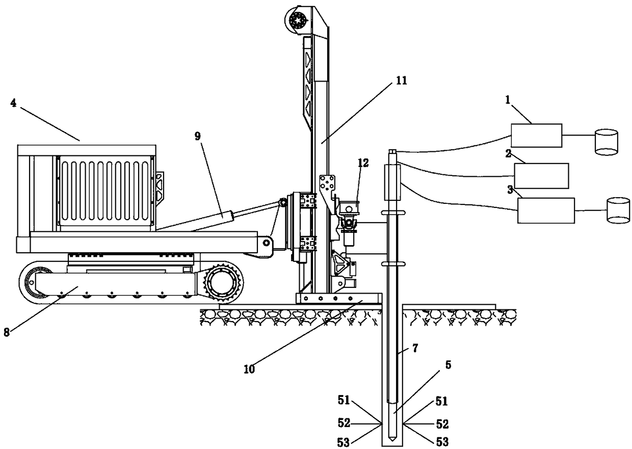 Triple rotary spraying device for soil remediation and method thereof