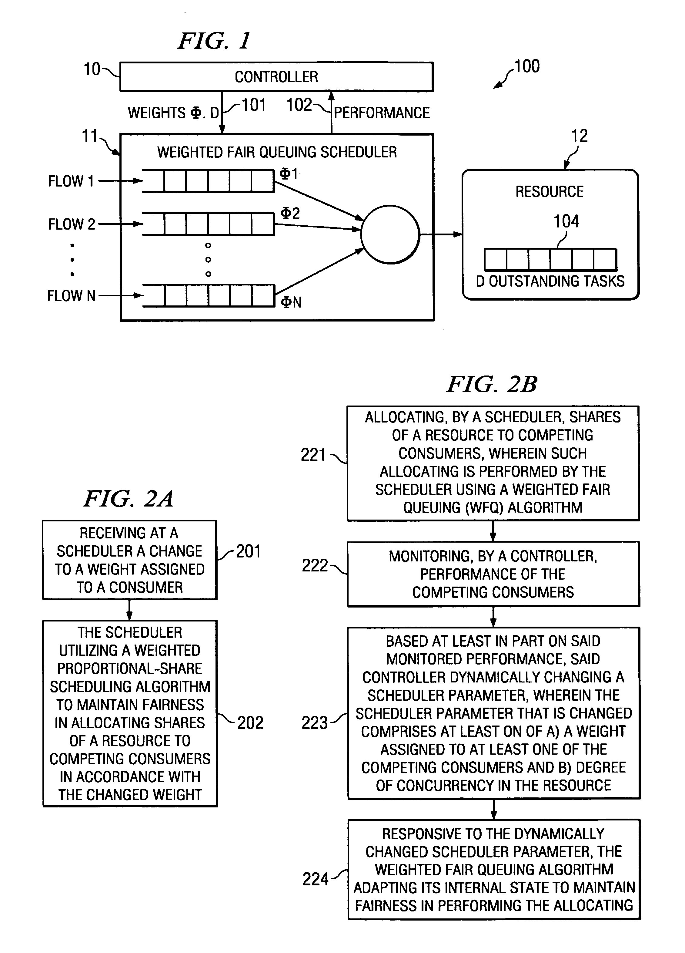 Weighted proportional-share scheduler that maintains fairness in allocating shares of a resource to competing consumers when weights assigned to the consumers change