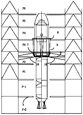 Method for two-stage fairing-mounted rocket body free boundary implementation and fairing fixed-end boundary implementation in vibration tower