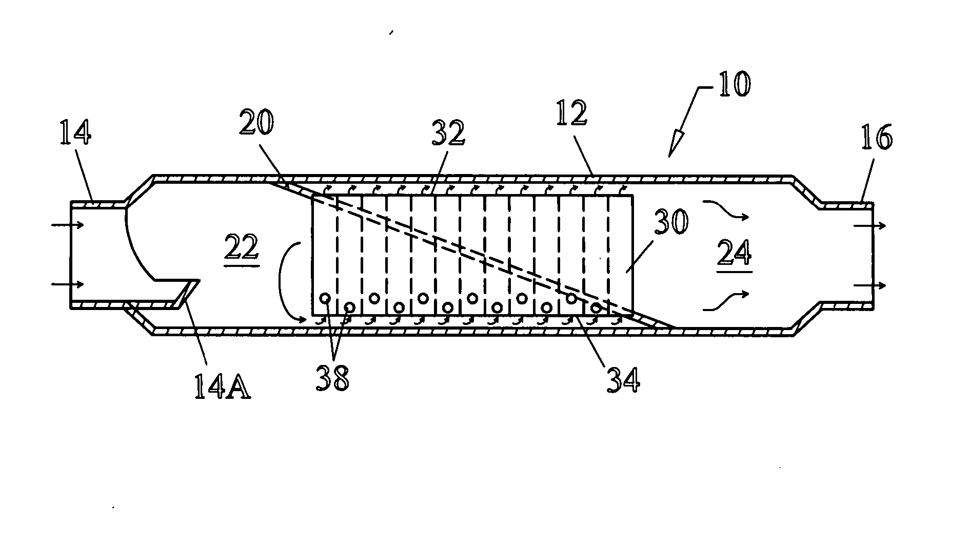 Marine muffler with angularly disposed internal baffle