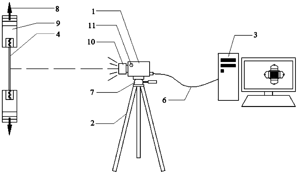 Geosynthetic material tensile sample global strain field measuring device and method