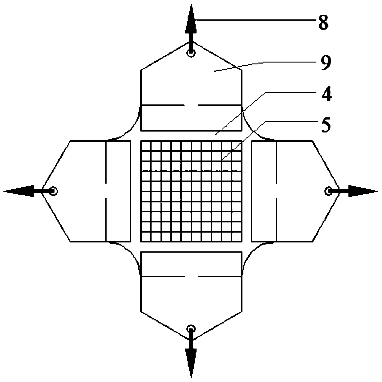 Geosynthetic material tensile sample global strain field measuring device and method