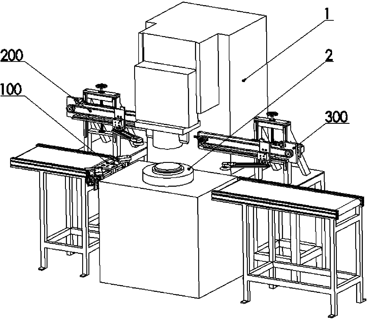 Automatic trimming feed and take-out device for round metal pots