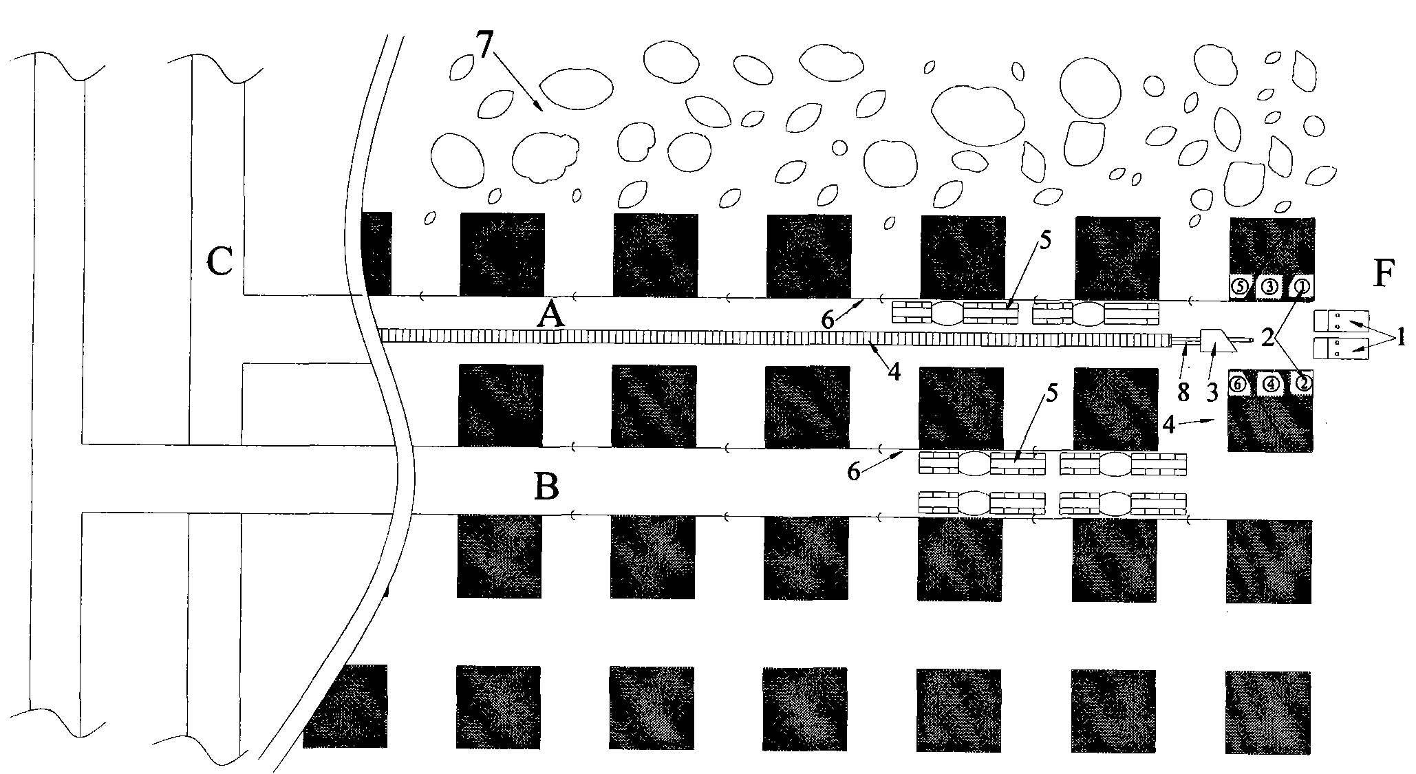 Method for recovering stagnant coal pillars left by breast type coal mining method