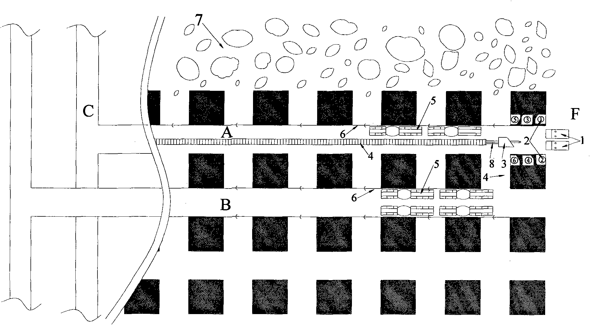 Method for recovering stagnant coal pillars left by breast type coal mining method