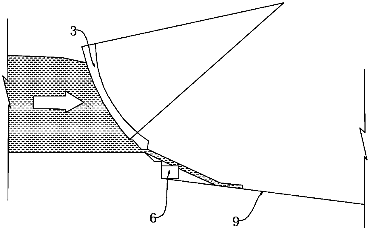 Short platform preventing water flow oblique injecting of outlet of pressurized flood discharging radial gate