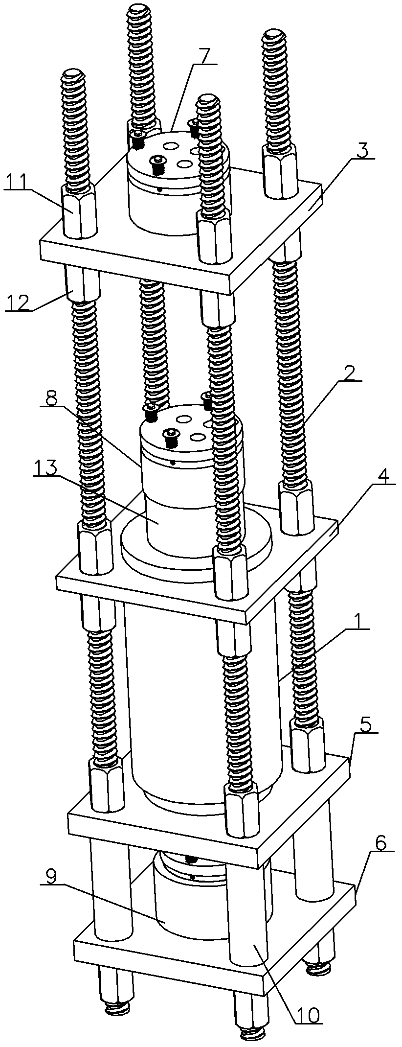 Assembled continuous lifting jack for finish-rolling threaded steel bar vertical columns