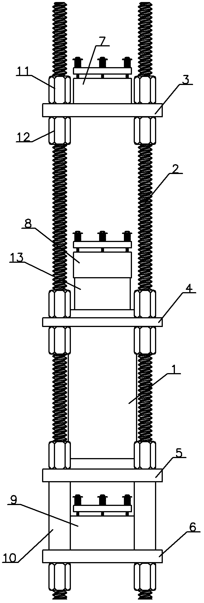 Assembled continuous lifting jack for finish-rolling threaded steel bar vertical columns