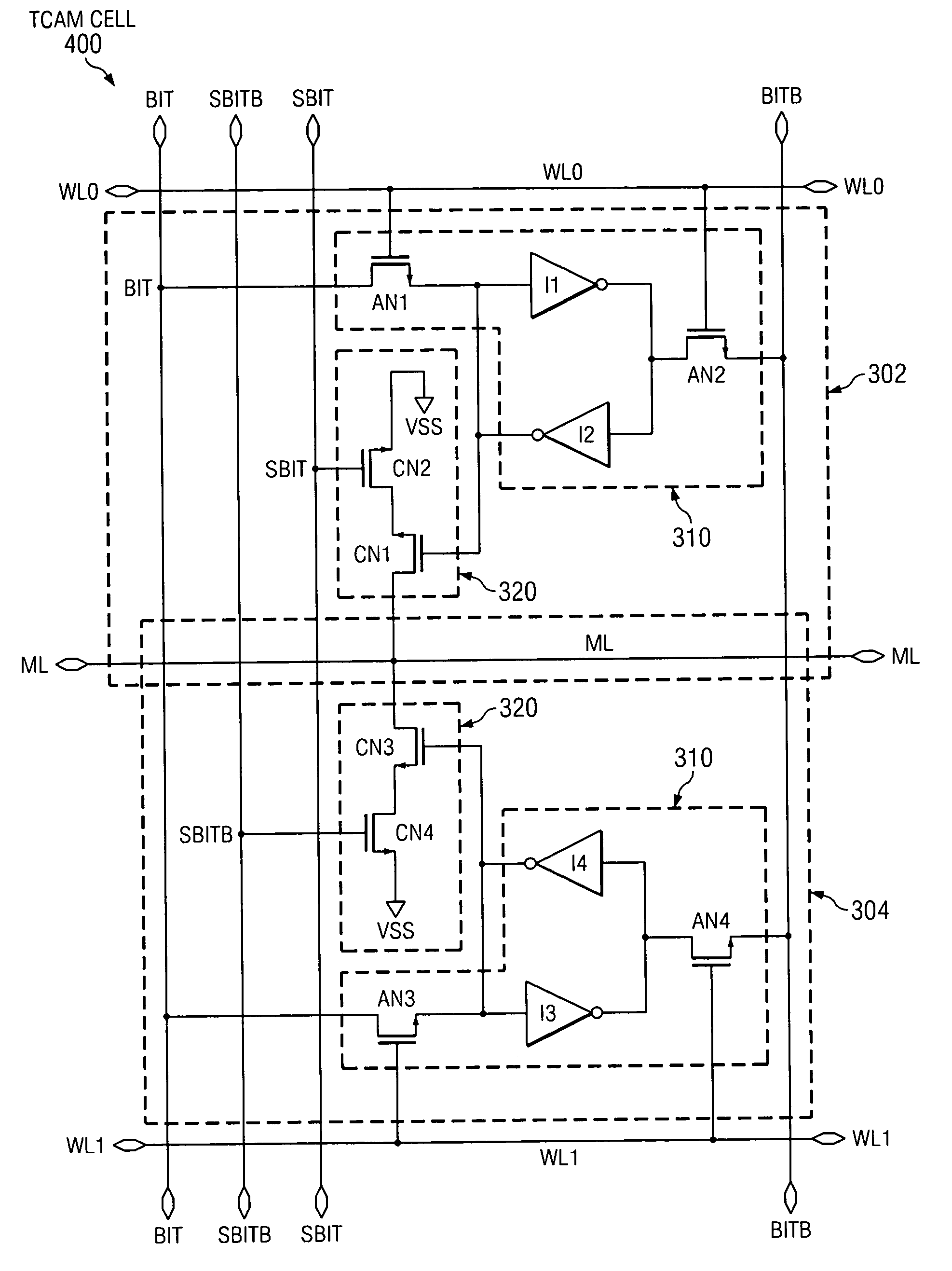 Area efficient stacked TCAM cell for fully parallel search