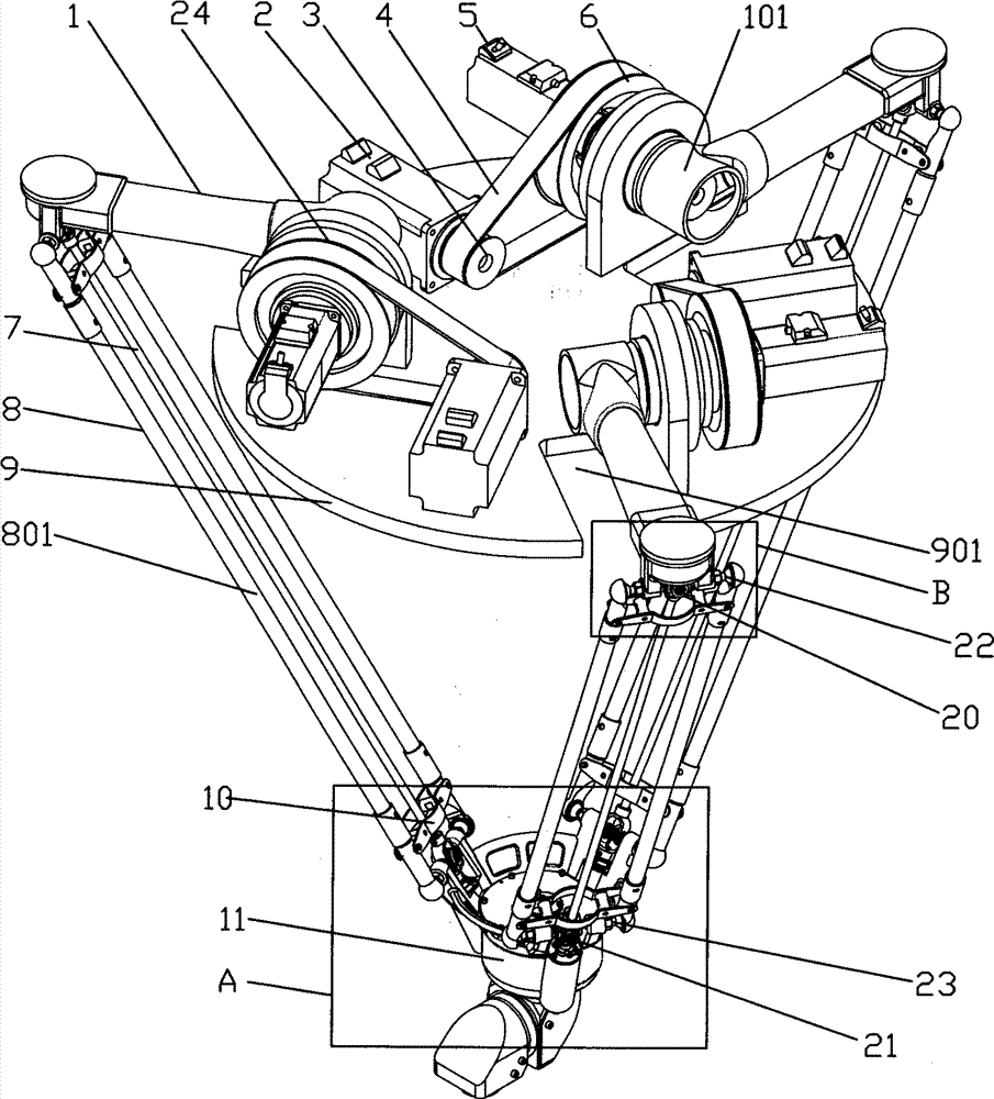 Six-degree-of-freedom Delta robot transmission mechanism