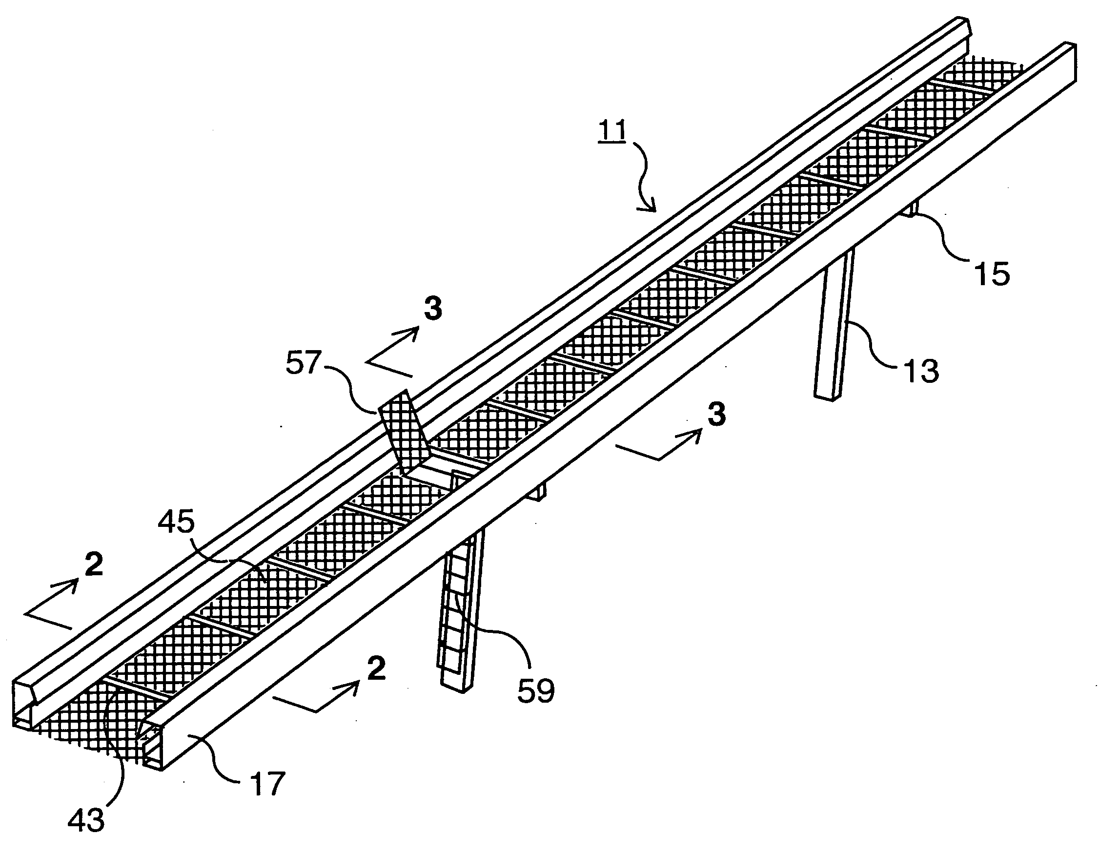 Elevated open-center transit guideway with open-mesh screen emergency walkway