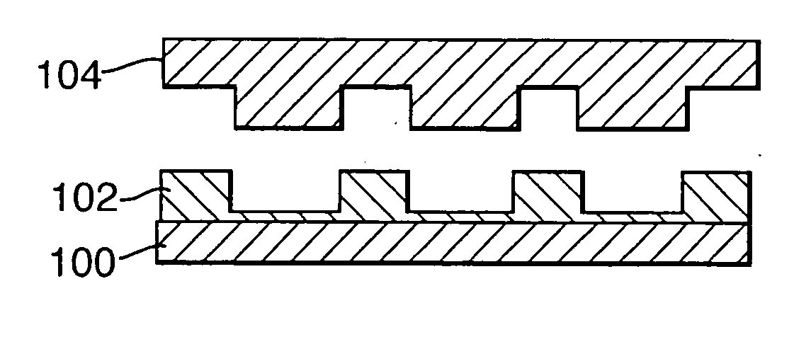 Device fabrication by ink-jet printing materials into bank structures, and embossing tool