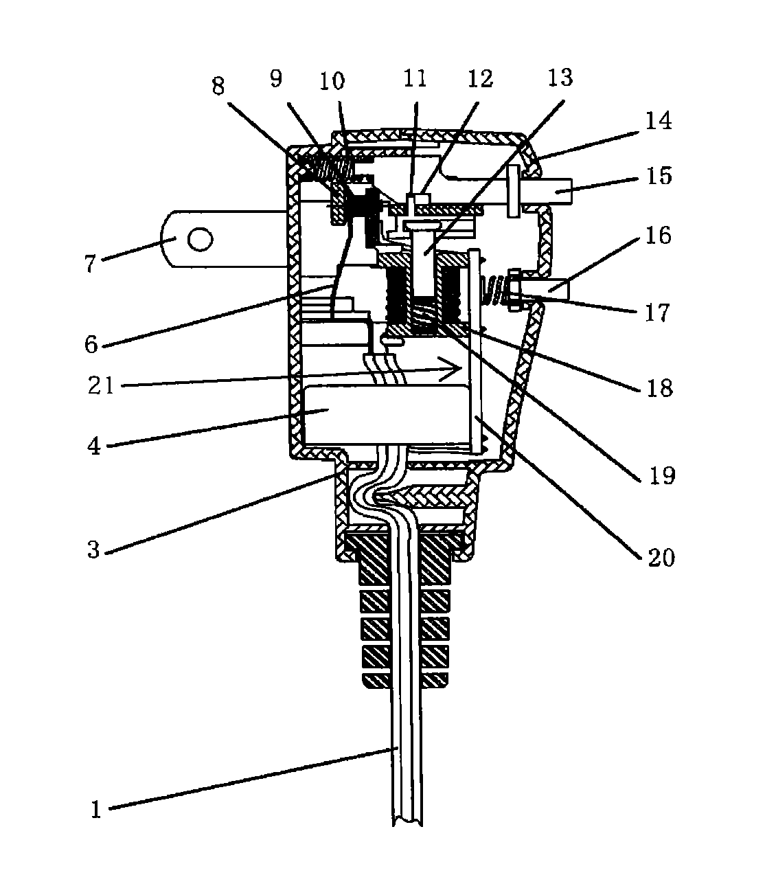 Leakage current protection plug and interrupt protection plug contact spring structure