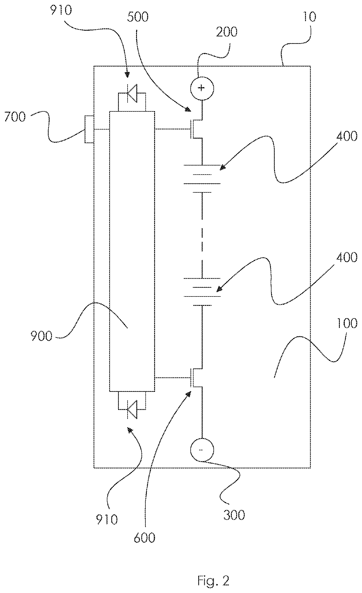 High voltage battery module with series connected cells and internal relays