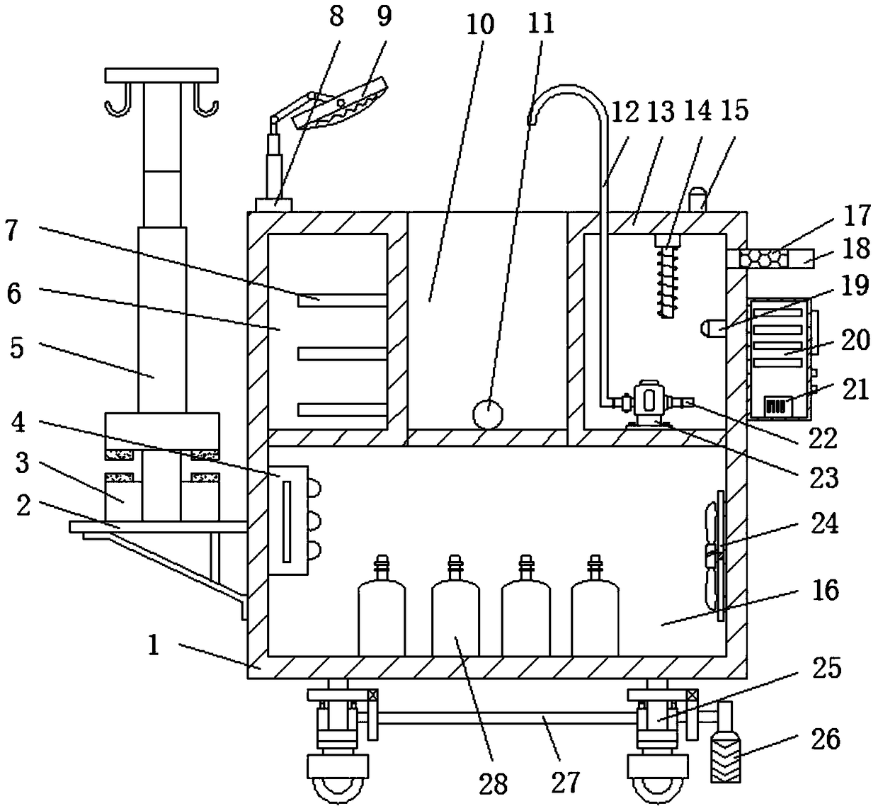 Transfusion bottle hanging and putting device convenient to move for medical transfusion