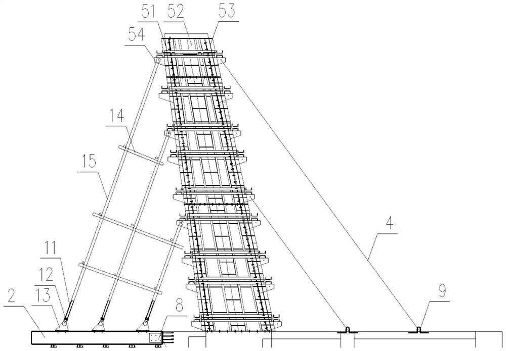 Turnover outer overhanging inclined column supporting system and construction method thereof