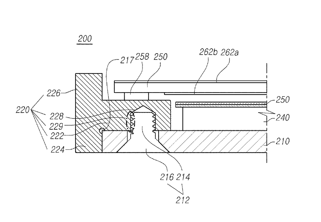 Liquid crystal display device comprising a screw-shaped combining member affixing a middle frame to a cover bottom through a first groove of a contacting portion