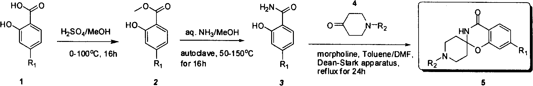 Industrial compounding method of mule (benzo (e) (1,3) oxazine-2, 4'-piperidine)-4(3H)-ketonic