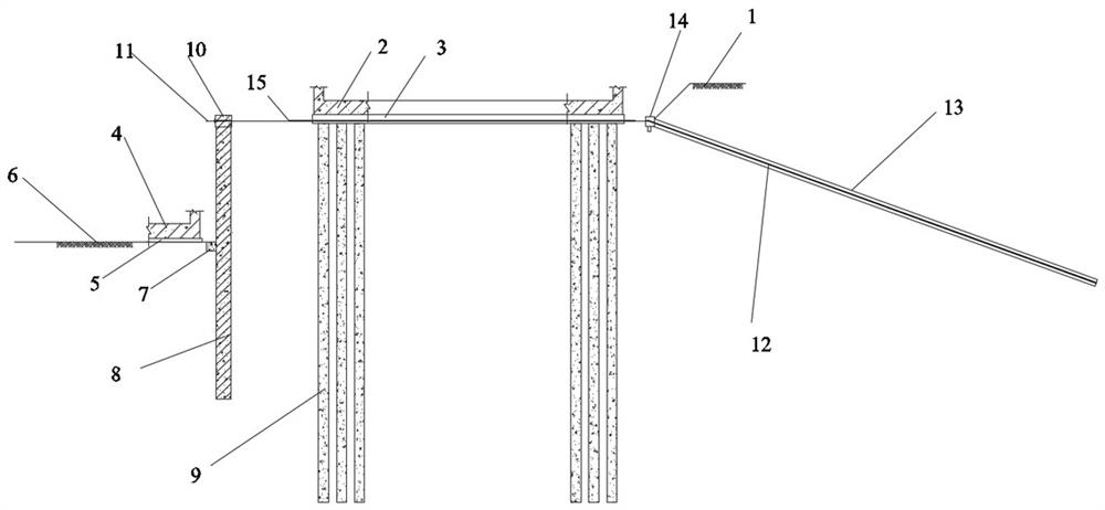 Pre-buried anchor rod connecting structure penetrating through pre-built building and construction method thereof