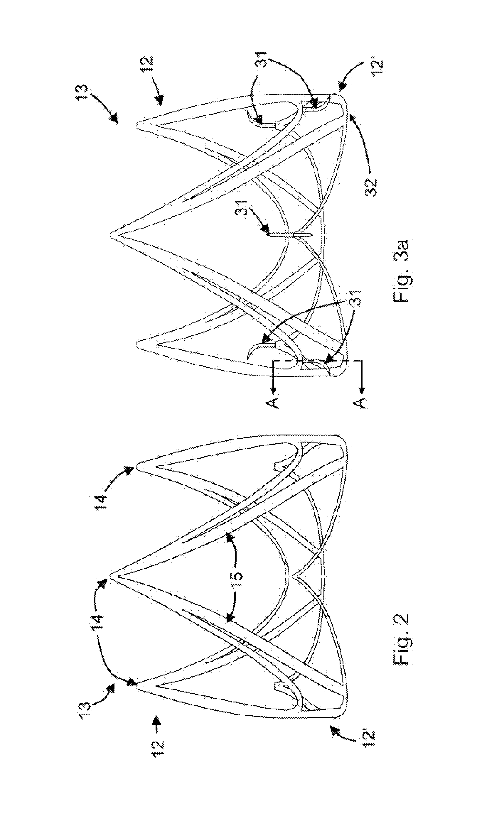 Percutaneously implantable flap stent, device for applying the same and method for producing the flap stent