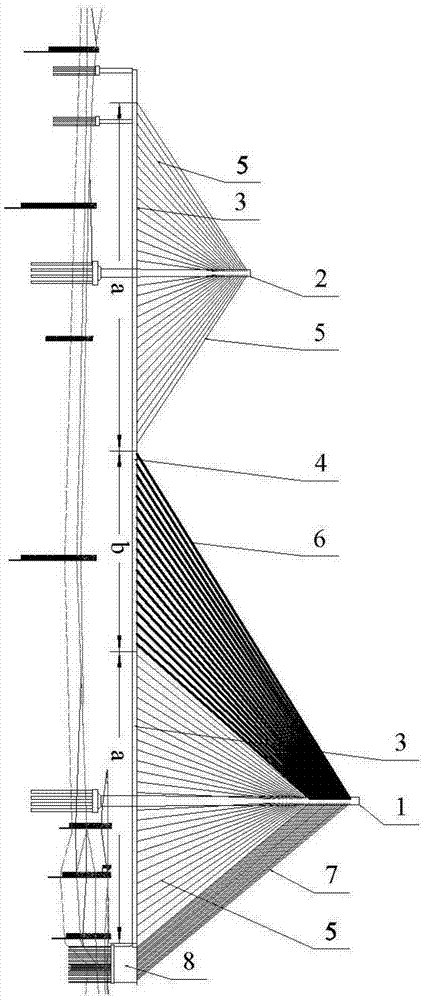 A cable-stayed bridge structure with partly anchored high and low towers